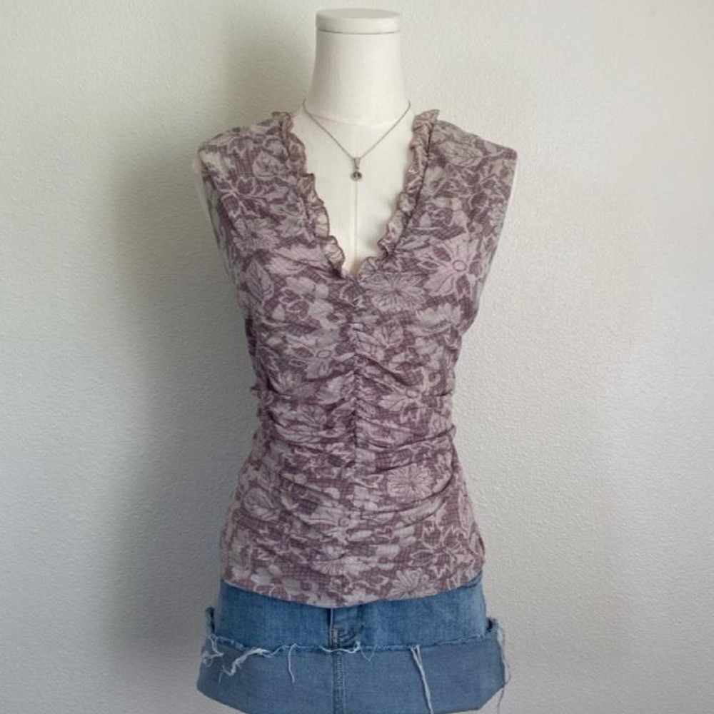 Y2K Apostrophe Ruffled Mesh Floral Sleeveless V Neck Blouse Fairycore
